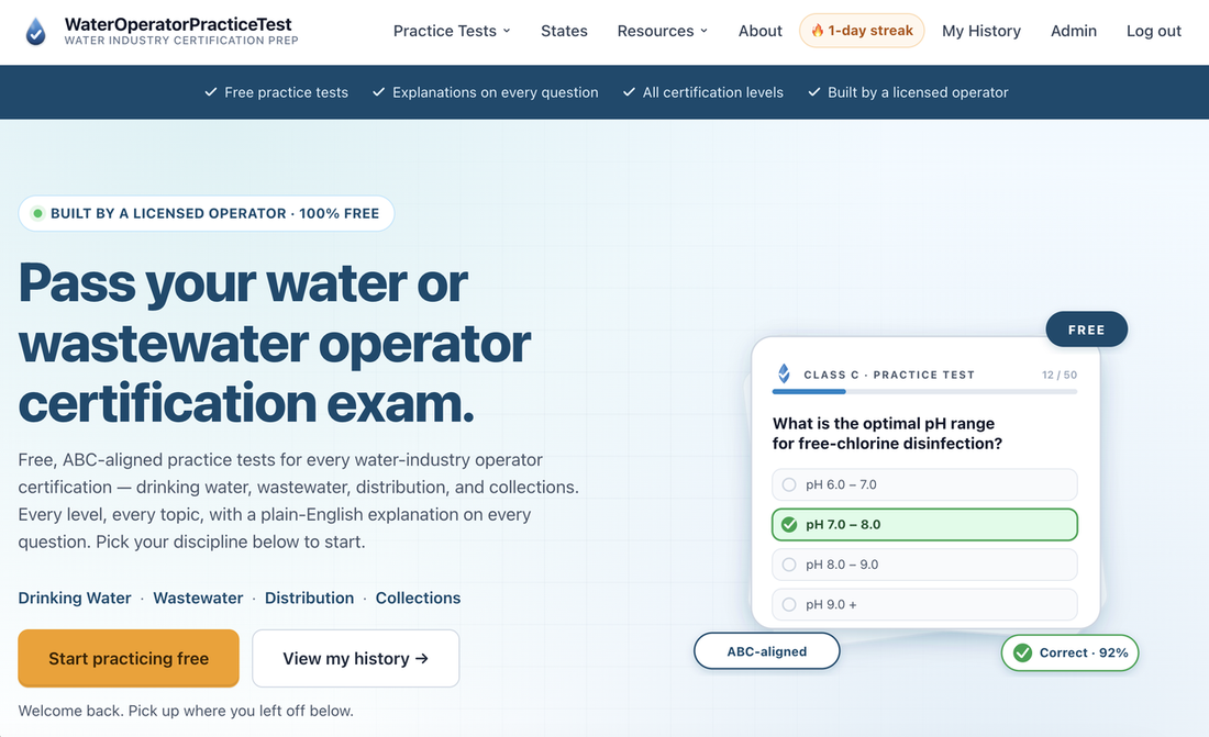 Screenshot of wateroperatorpracticetest.com, the live practice-exam site